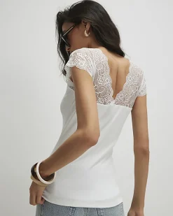 White Short Sleeve Lace Trim Ruched Top