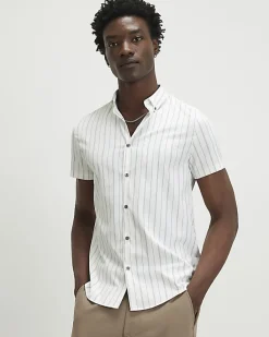 White Short Sleeve Muscle Fit Stripe Shirt
