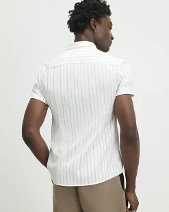 White Short Sleeve Muscle Fit Stripe Shirt