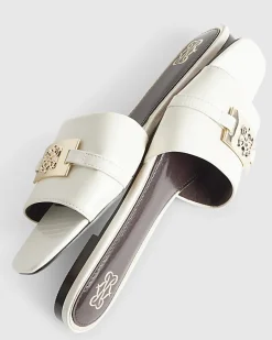 White Signature Trim Flat Mule Sandals