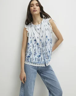 White Sleeveless Lace Trim Floral Blouse