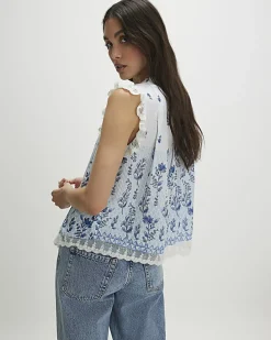 White Sleeveless Lace Trim Floral Blouse