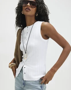 White Sleeveless Ribbed Popper Tank Top