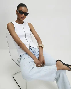 White Sleeveless Scallop Trim Ribbed Top