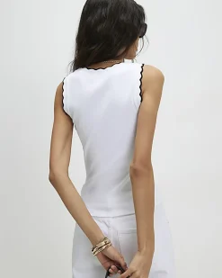 White Sleeveless Scallop Trim Tank Top