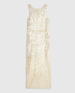 White Sleeveless Sequin Crochet Midi Dress