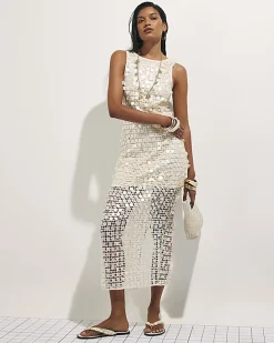 White Sleeveless Sequin Crochet Midi Dress