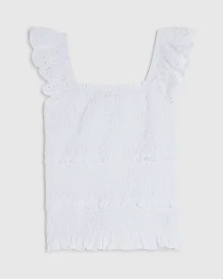 White Sleeveless Shirred Broderie Top