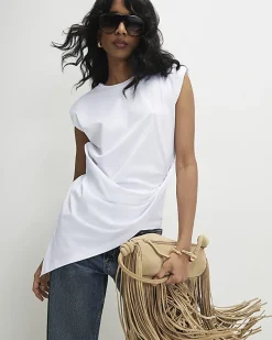 White Sleeveless Twist Front Shoulder Pad Top