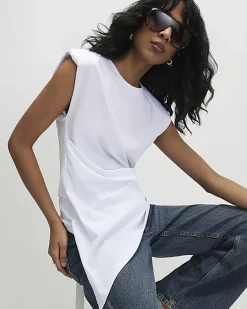 White Sleeveless Twist Front Shoulder Pad Top