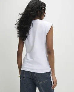 White Sleeveless Twist Front Shoulder Pad Top
