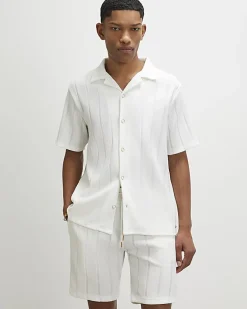 White Slim Fit Textured Stripe Shorts