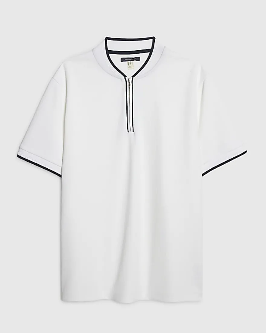 White Slim Fit Tipped Baseball Polo Shirt