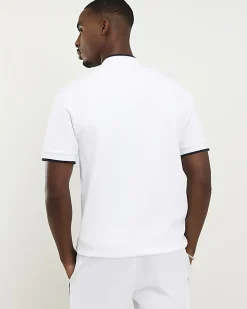 White Slim Fit Tipped Baseball Polo Shirt