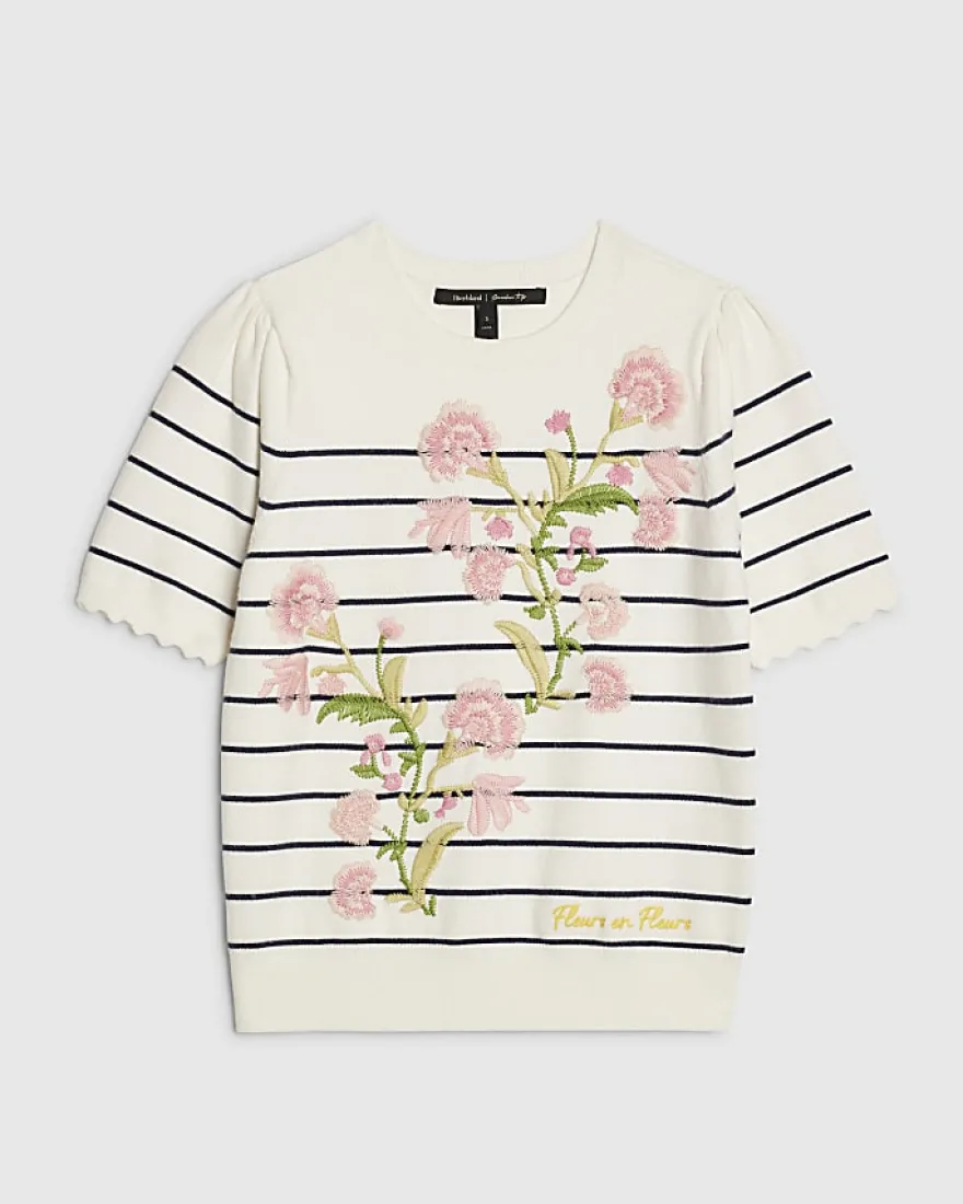 White Stripe Floral Embroidered Knit T-Shirt
