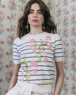 White Stripe Floral Embroidered Knit T-Shirt