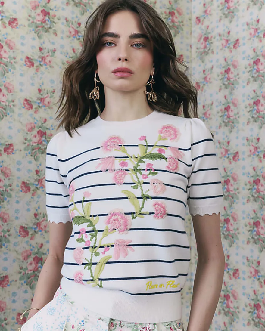 White Stripe Floral Embroidered Knit T-Shirt