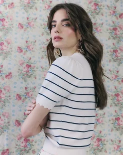 White Stripe Floral Embroidered Knit T-Shirt