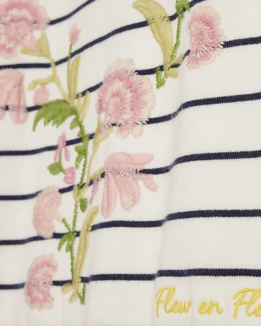 White Stripe Floral Embroidered Knit T-Shirt