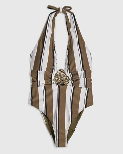 White Stripe Plunge Hardware Swimsuit