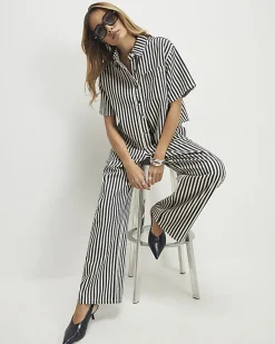 White Striped Drawstring Wide Leg Jeans