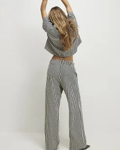 White Striped Drawstring Wide Leg Jeans