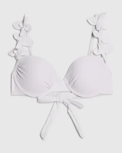 White Structured Flower Trim Bikini Top