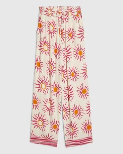 White Sun Print Wide Leg Beach Trousers