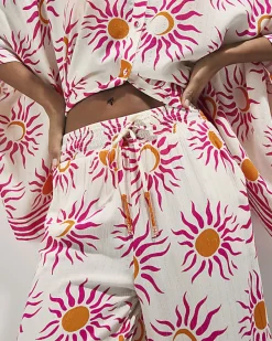White Sun Print Wide Leg Beach Trousers