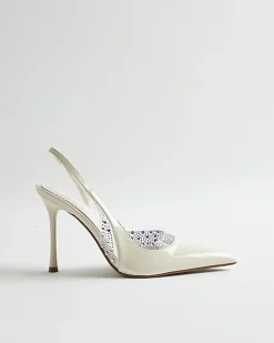 White Wide Fit Sparkle Slingback Court Heels