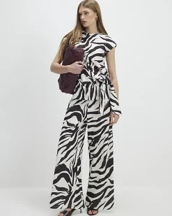 White Zebra Print Wide Leg Trousers
