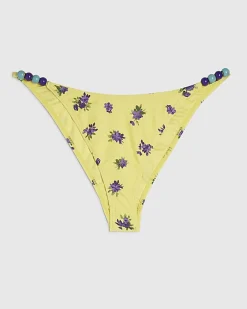 Yellow Floral Beaded Low Rise Bikini Bottoms