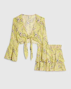 Yellow Floral Print Tie Top And Skirt Set