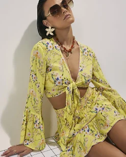 Yellow Floral Print Tie Top And Skirt Set