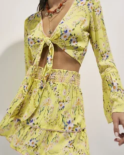 Yellow Floral Print Tie Top And Skirt Set