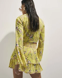 Yellow Floral Print Tie Top And Skirt Set