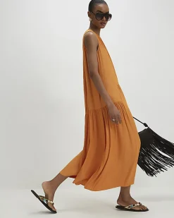 Yellow Satin Sleeveless Halter Midi Dress