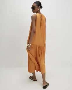 Yellow Satin Sleeveless Halter Midi Dress