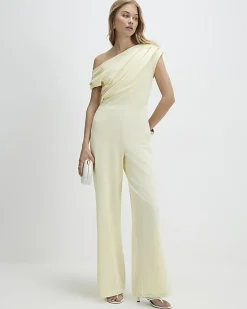Yellow Short Sleeve Asymmetric Drape Jumpsuit