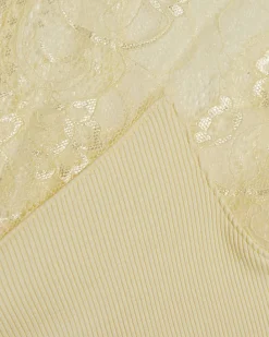 Yellow Short Sleeve Lace Trim Ruched Top