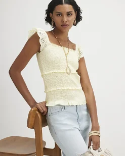 Yellow Sleeveless Shirred Broderie Top