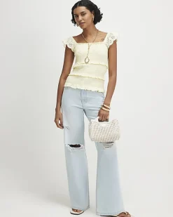 Yellow Sleeveless Shirred Broderie Top