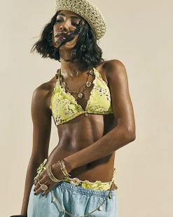 Yellow Triangle Daisy Floral Print Bikini Top