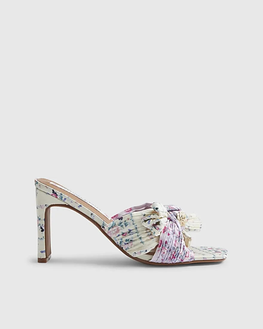 Yellow Twist Plisse Floral Heeled Mules